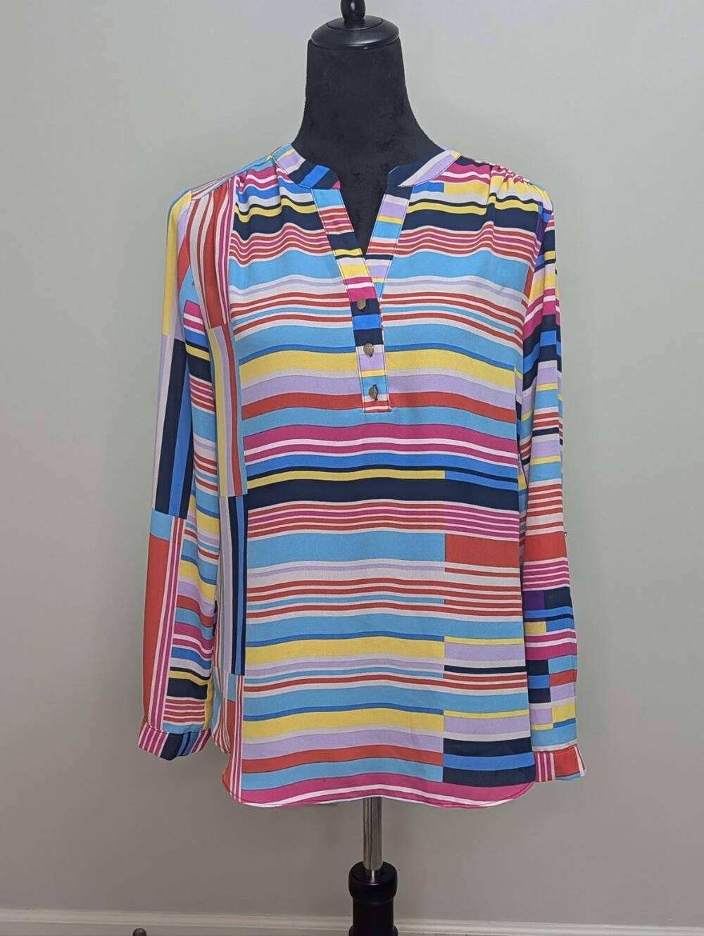 Investments Vneck Long Sleeve Colorful Color Block Pink Purple Sz Sm Blouse